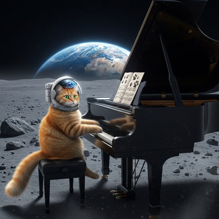 Cat Playing Piano on the Moon - Magical Moonlit Serenade