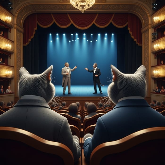 Stylish Cats in Classic Grey and Blue Suits at Russia's Finest Theatre