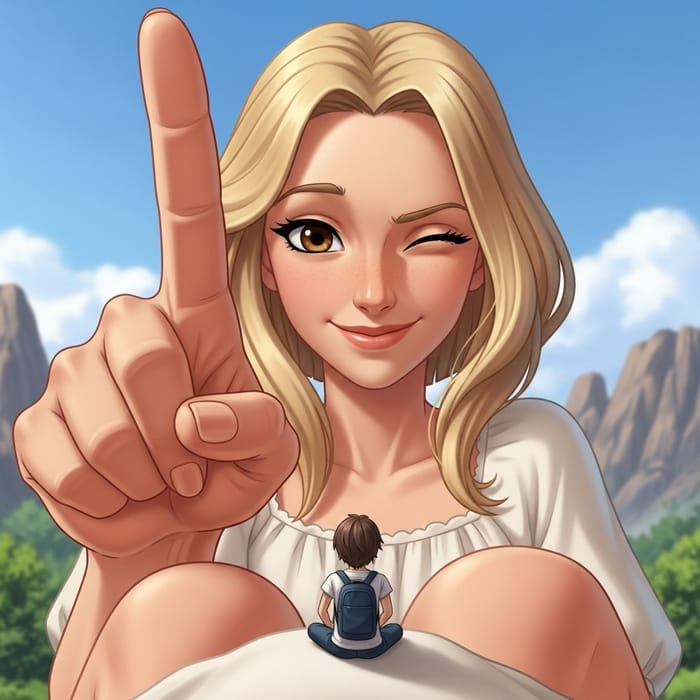 Enchanting Giant Woman in Animated Style - Playful Interaction Scene Enchanting Giant Woman in Animated Style - Playful Interaction Scene