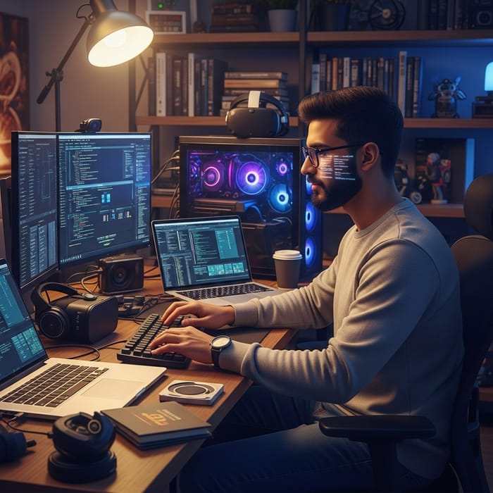 Middle-Eastern Man Engrossed in Modern Technology | Computer Enthusiast Middle-Eastern Man Engrossed in Modern Technology | Computer Enthusiast