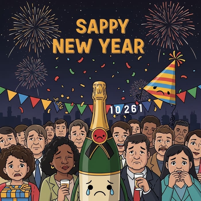 Sad New Year Art: Humor & Funny Scene with Anthropomorphic Characters Sad New Year Art: Humor & Funny Scene with Anthropomorphic Characters