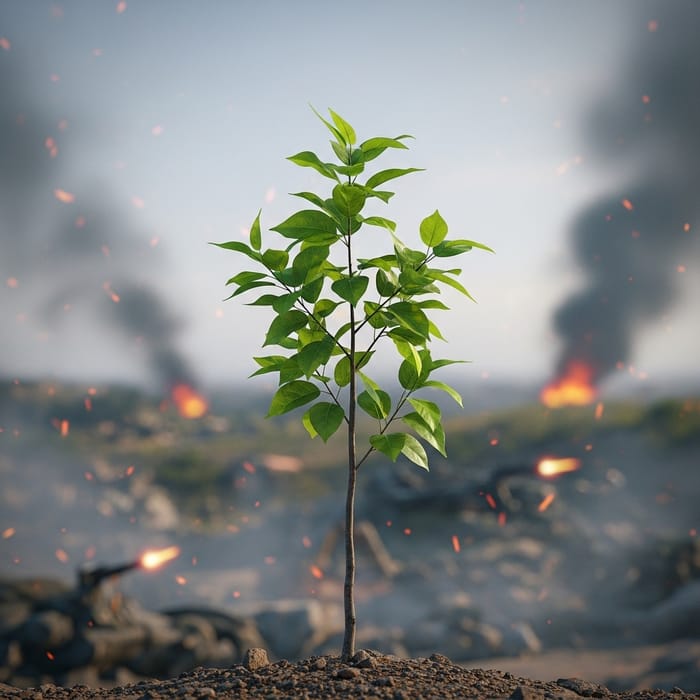 Hope Amidst War: A Sapling's Resilience Hope Amidst War: A Sapling's Resilience