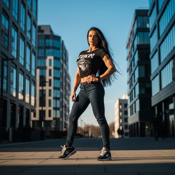 Confident Woman with Long Dark Hair in Urban Landscape