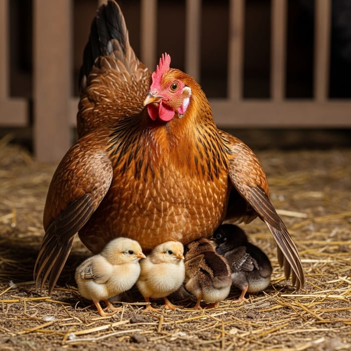 Mother Hen Sheltering Fluffy Chicks | Rustic Barnyard Scene