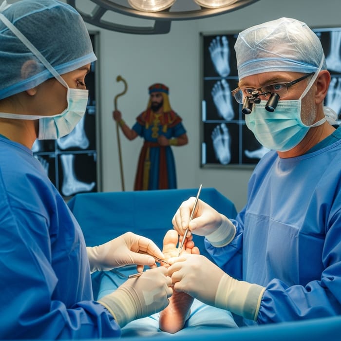Experienced Grey-Haired Surgeon Operating on Foot with Surgical Team