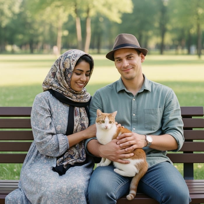 Whimsical Moment with Cat on Park Bench - Vintage Romance
