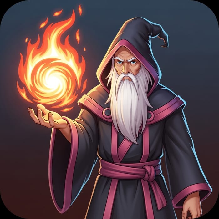 Dynamic Fire Wizard Icon with Vibrant Color Palette