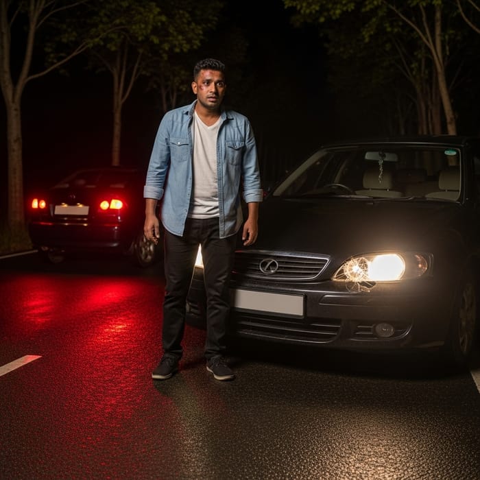 Man in Nighttime Traffic Accident: Urgency & Tension | South Asian Man Near Car Man in Nighttime Traffic Accident: Urgency & Tension | South Asian Man Near Car