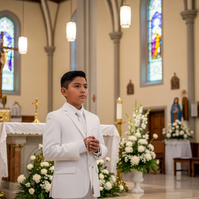 Serene Hispanic Boy First Communion in Catholic Church Serene Hispanic Boy First Communion in Catholic Church