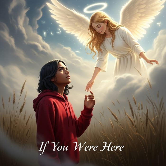 Hispanic Boy with Long Hair and Red Hoodie Looking Up at Angelic Girl in the Sky