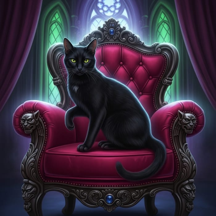 Regal Black Cat in Velvet Armchair | Royal Gothic-Inspired Art