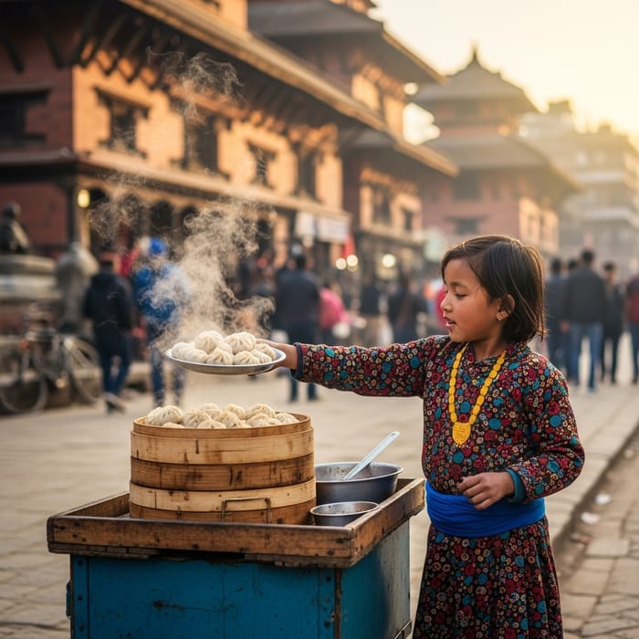 Adorable Nepali Girl Selling Delicious Momos in Kathmandu Adorable Nepali Girl Selling Delicious Momos in Kathmandu