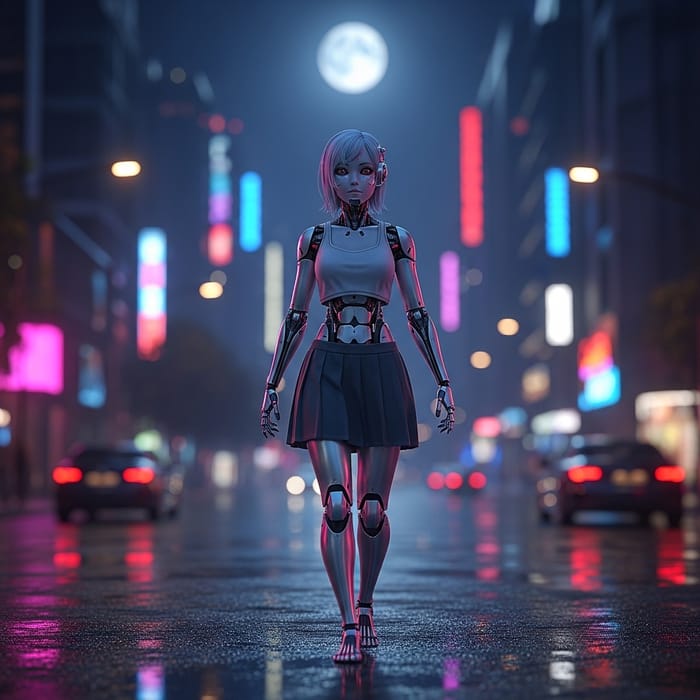 Anime Cyborg Girl Roams City Streets at Night Anime Cyborg Girl Roams City Streets at Night