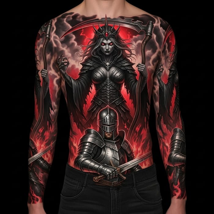 Reaper Girl and Knight Tattoo Sleeve Design: Powerful Visual Narrative Reaper Girl and Knight Tattoo Sleeve Design: Powerful Visual Narrative