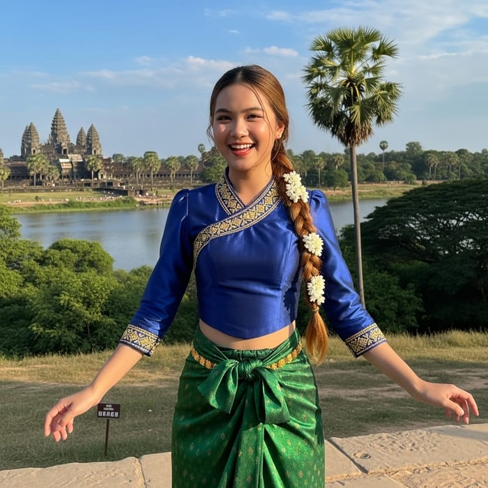 Youthful Cambodian Girl in Traditional Attire | Cambodian Landscape