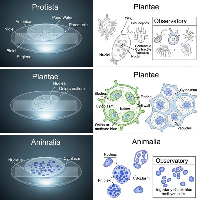 Microscopic Biology Kingdoms Study: Protista, Plantae, Animalia