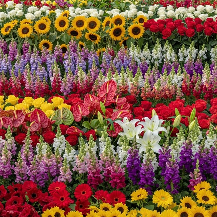 Vibrant Horizontal Floral Landscape with Diverse Blooms Vibrant Horizontal Floral Landscape with Diverse Blooms