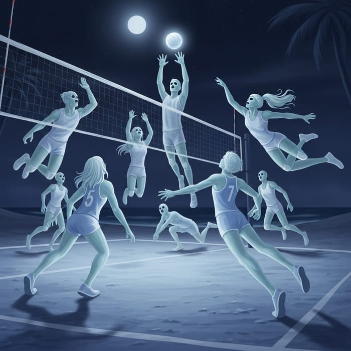 Ethereal Ghosts Volleyball Team at Moonlit Beach