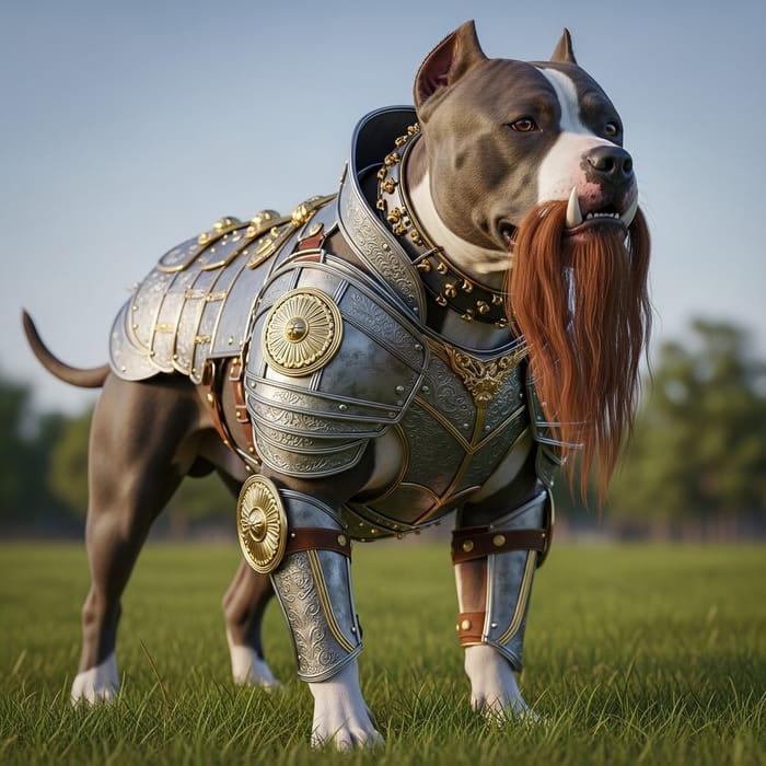 Sturdy Pitbull in Intricate Armor with Long Beard