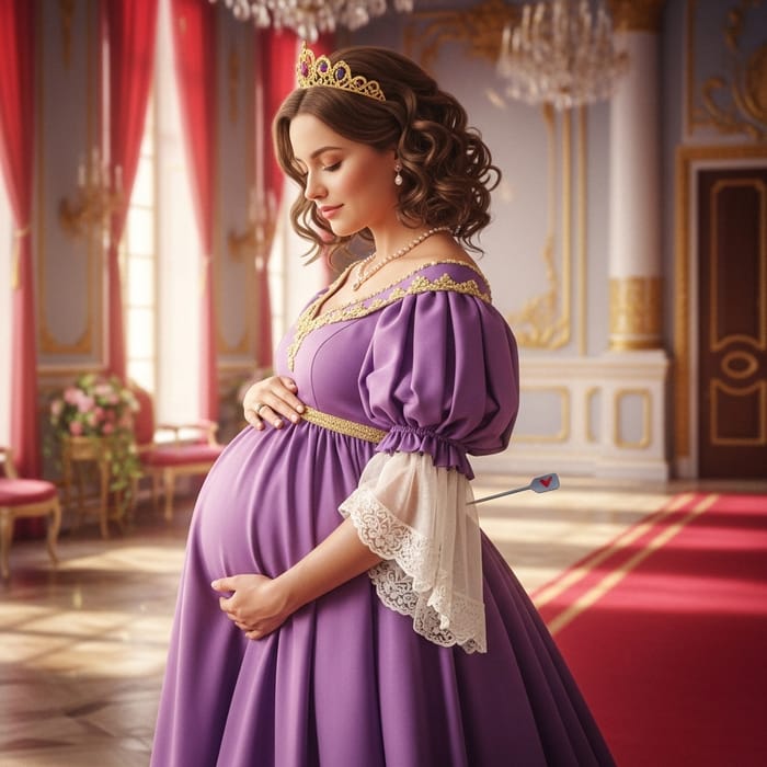 Graceful Pregnant Princess in Opulent Ballroom - A Whimsical Fairytale Scene