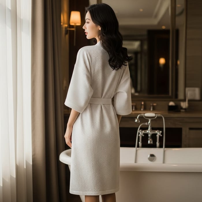 Beautiful White Waffle Weave Kimono Bathrobe for Women