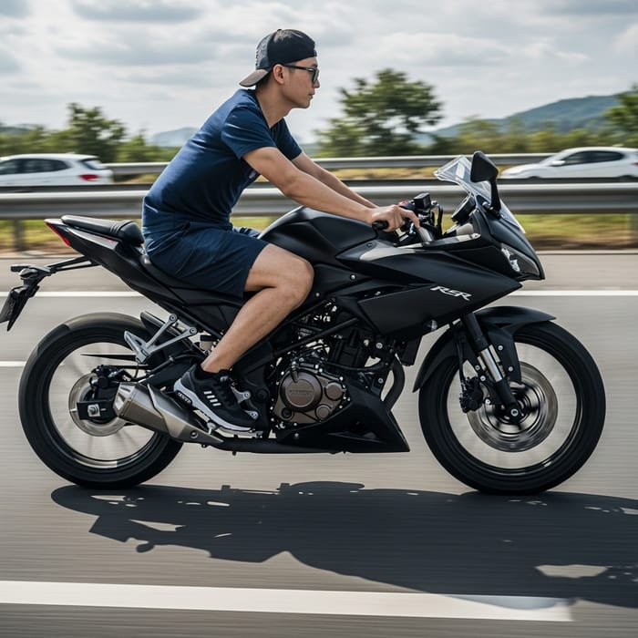 Slim Man Riding Black 200cc Speed Motorcycle on Highway with Nike Shoes Slim Man Riding Black 200cc Speed Motorcycle on Highway with Nike Shoes