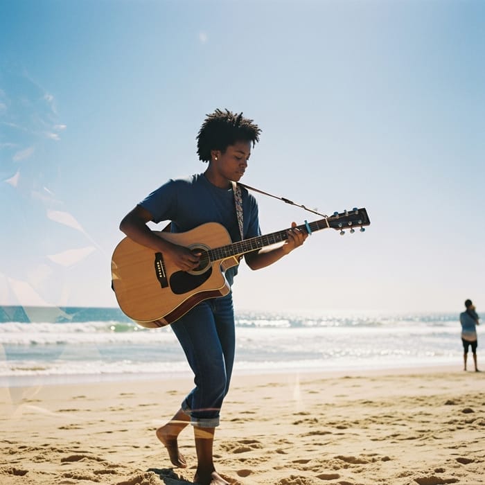 Dynamic Black Woman Playing Guitar on Vibrant Beach Dynamic Black Woman Playing Guitar on Vibrant Beach