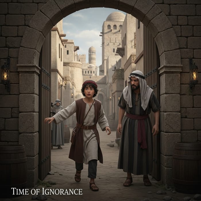 Encounter: Young Boy Enters City Gates in Ancient Era Encounter: Young Boy Enters City Gates in Ancient Era