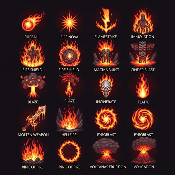 Diablo 2 Fire Skill Icons: Classic Video Game Aesthetic