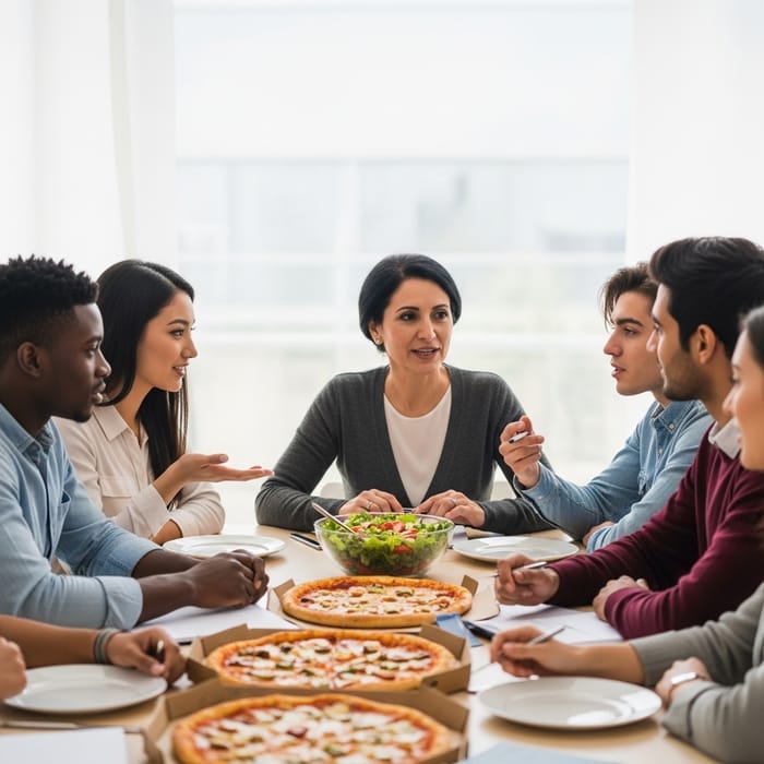 College Students Enjoying Pizza and Salad with Professor | Study Session