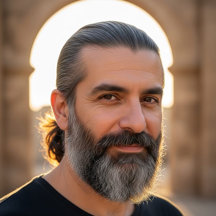 Mature Middle-Eastern Man with Full Grey Beard and Long Brown Hair
