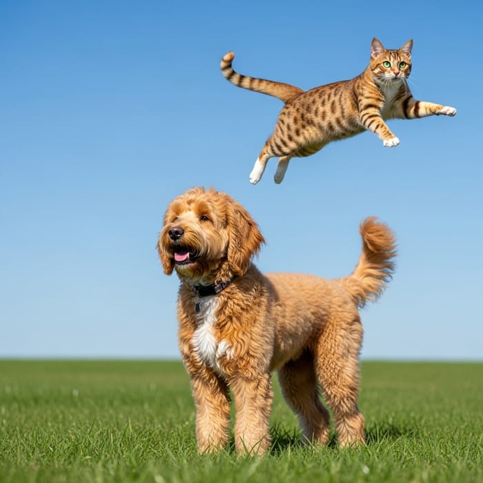 Charming Golden Doodle and Flying Cat in Fantasy Sky - Magical Illustration Charming Golden Doodle and Flying Cat in Fantasy Sky - Magical Illustration