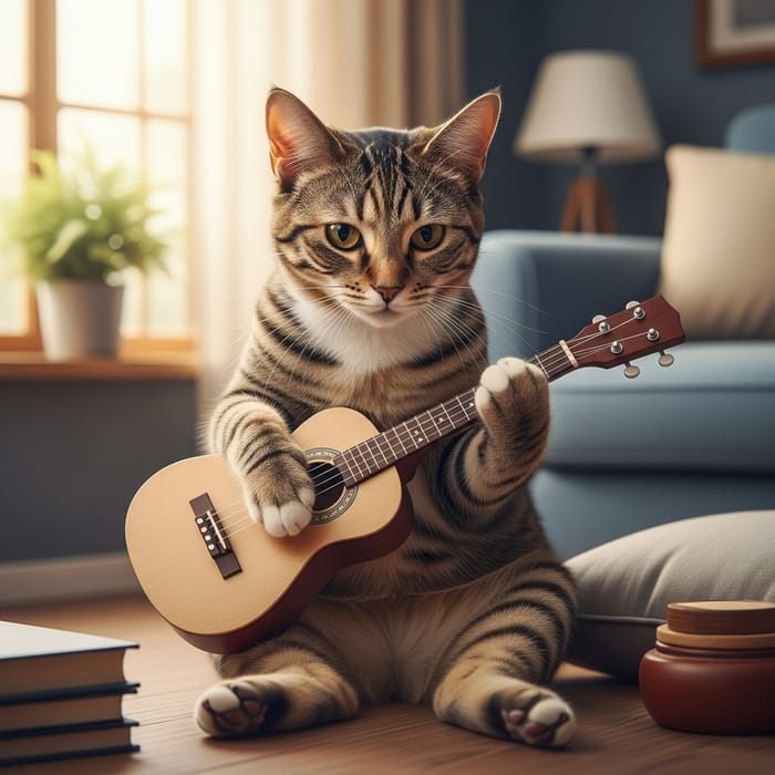 Cat Playing Guitar: Enchanting Music Scene in Cozy Room Cat Playing Guitar: Enchanting Music Scene in Cozy Room