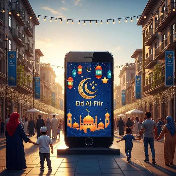 Festive Street Scene with Giant Mobile Phone for Eid al-Fitr