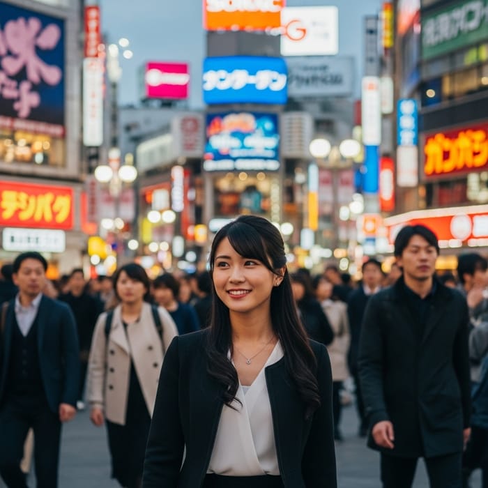Young Japanese Woman with Long Black Hair Smiling in City Streets Young Japanese Woman with Long Black Hair Smiling in City Streets