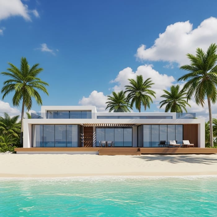 3D Beach House with Palm Trees and Sunny Sky 3D Beach House with Palm Trees and Sunny Sky