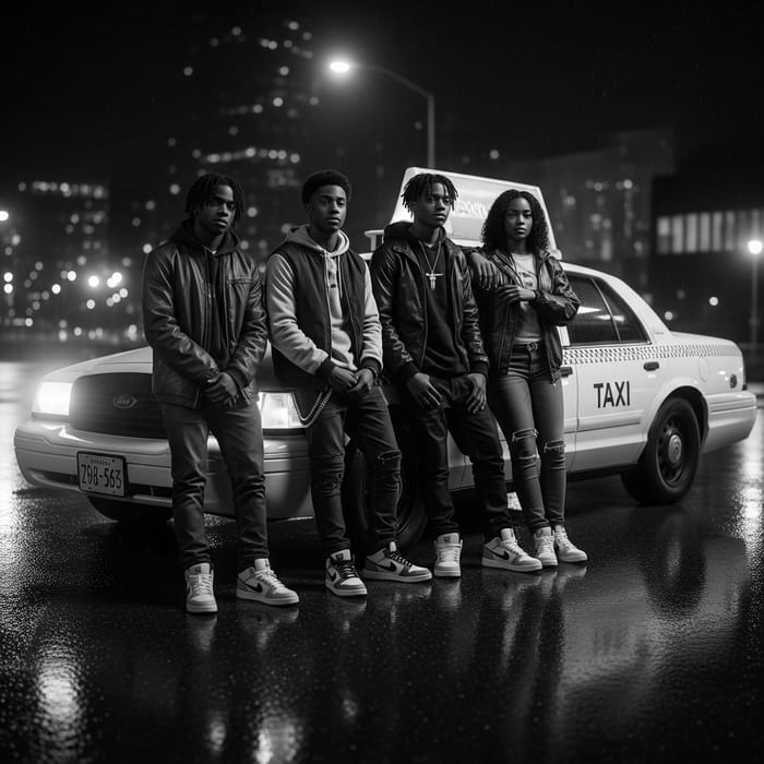 Vintage Streetwear Style: African American Teens in Urban Night Scene Vintage Streetwear Style: African American Teens in Urban Night Scene