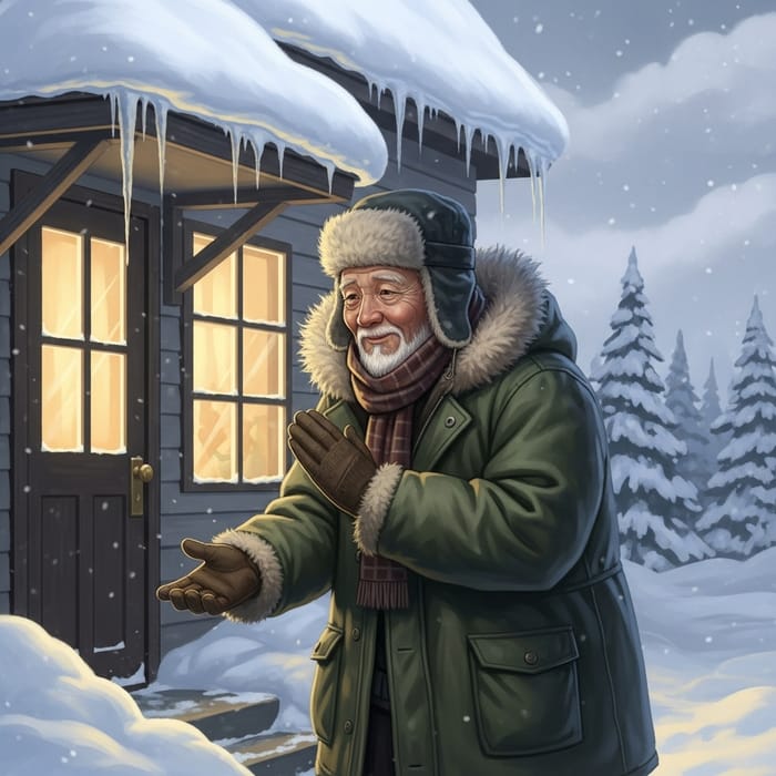 Elderly Man in Snowy Day Outside House Asking for Food | Winter Scene Elderly Man in Snowy Day Outside House Asking for Food | Winter Scene