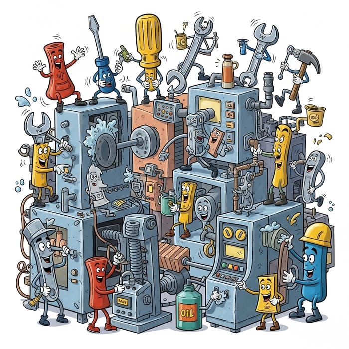 Whimsical Preventive Maintenance Image with Cartoonish Tools and Machines Whimsical Preventive Maintenance Image with Cartoonish Tools and Machines