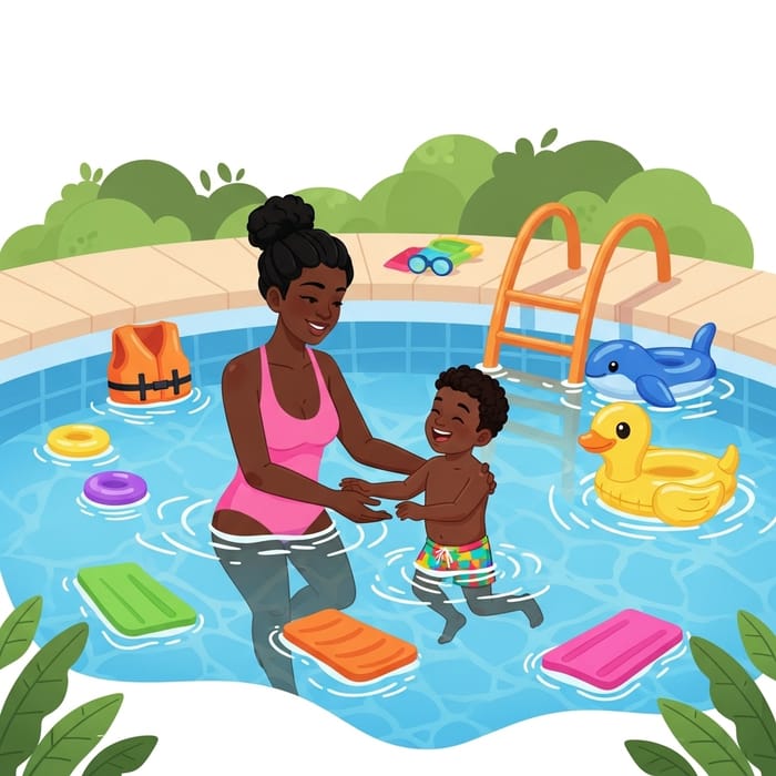 Joyful Swimming Lesson: Mother Teaching Son Joyful Swimming Lesson: Mother Teaching Son