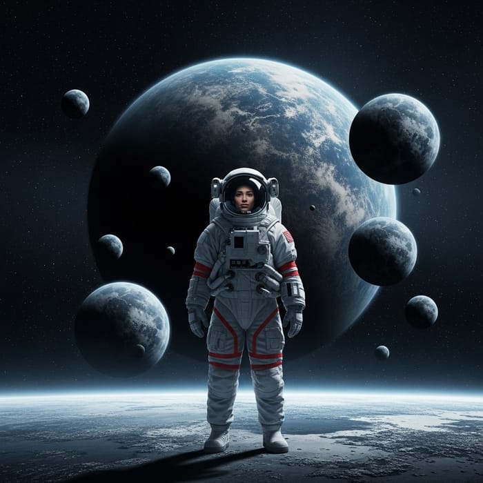 Dark and Terrifying Image of an Astronaut in Space Among Planets