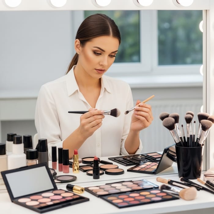 Real Makeup Artist Surrounded by Professional Tools Real Makeup Artist Surrounded by Professional Tools