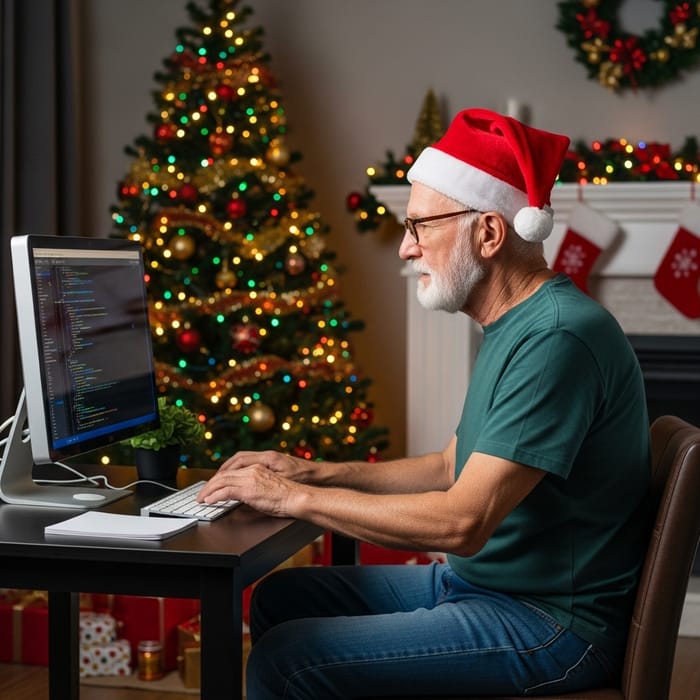 Grandpa Line Coding by the Christmas Tree: Holiday Programming Scene Grandpa Line Coding by the Christmas Tree: Holiday Programming Scene