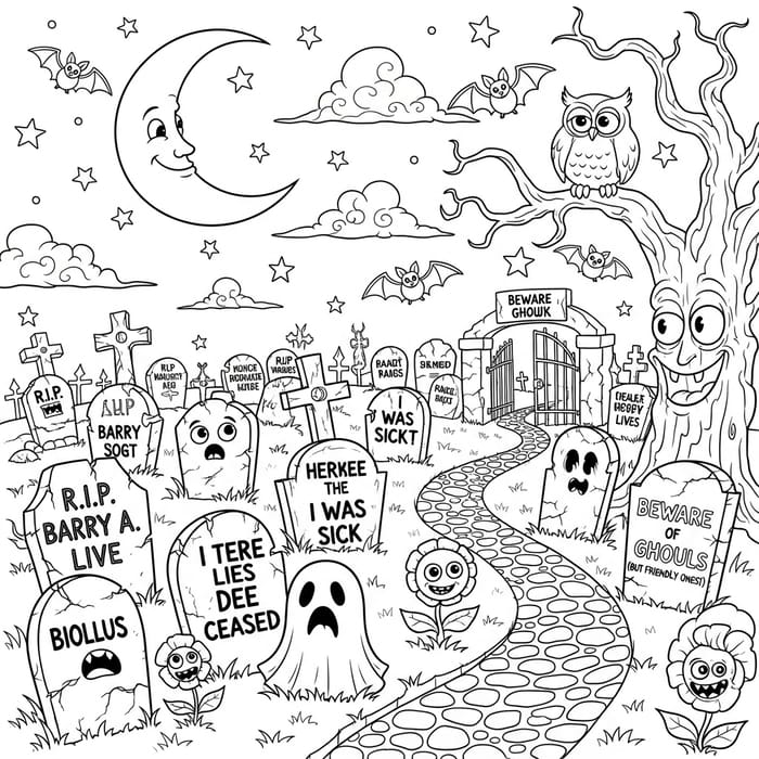 Cartoon Graveyard Coloring Page - Whimsical Fun Cartoon Graveyard Coloring Page - Whimsical Fun