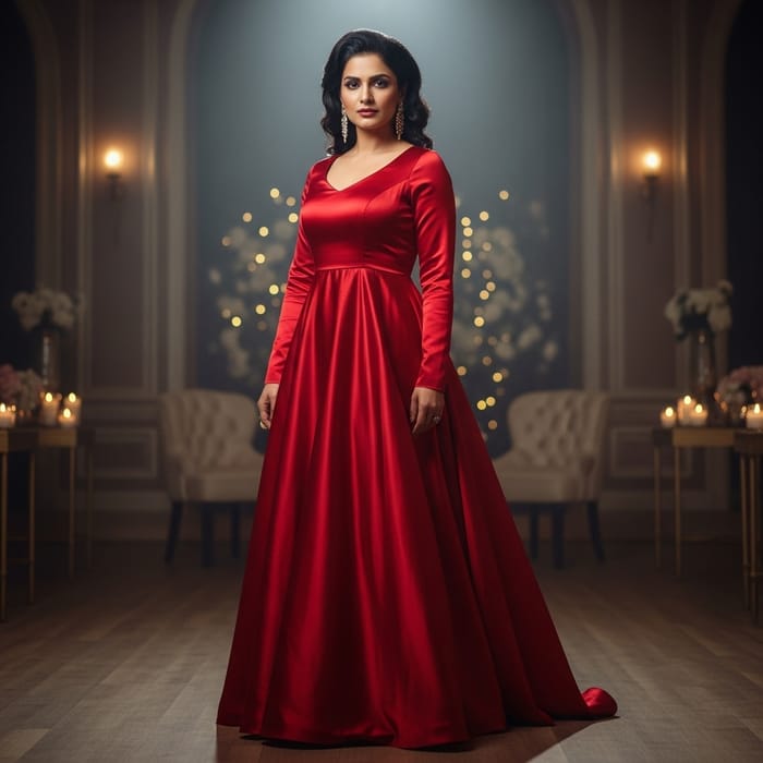 Serious Beautiful Woman in Red Dress - Elegant South Asian Lady at Evening Party