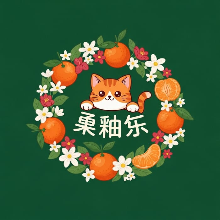 Charming Orange Cartoon Cat with Tangerines and Flowers