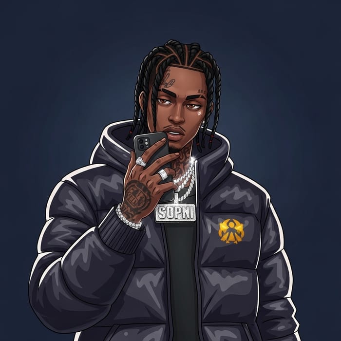 Stylized Dark-Skinned Male with Braids and Tattoos Holding Phone