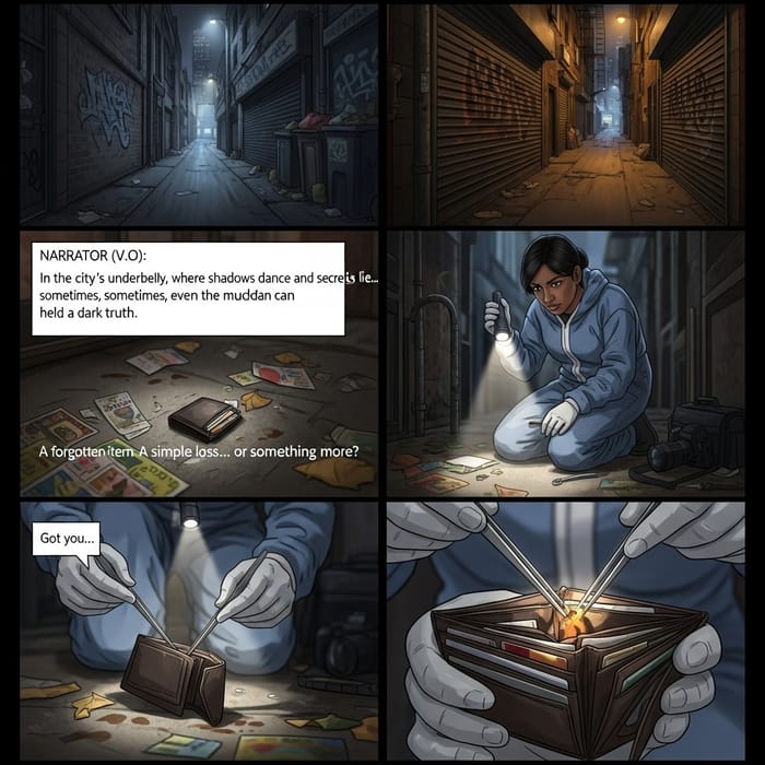Crime Scene Storyboard: Intriguing City Alley Sequence Crime Scene Storyboard: Intriguing City Alley Sequence