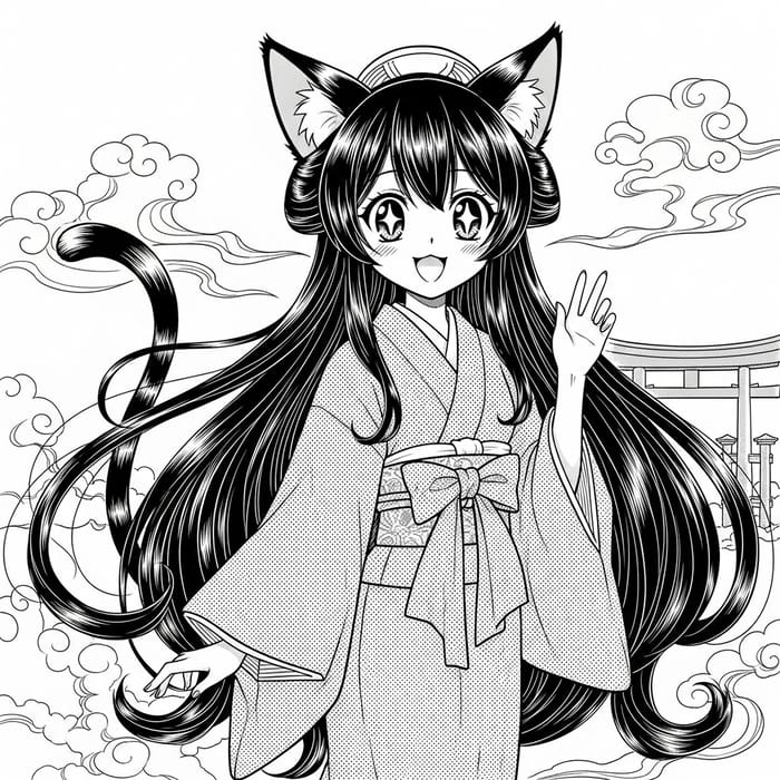 Manga-Style Black Hair Catgirl with Cheerful Expression