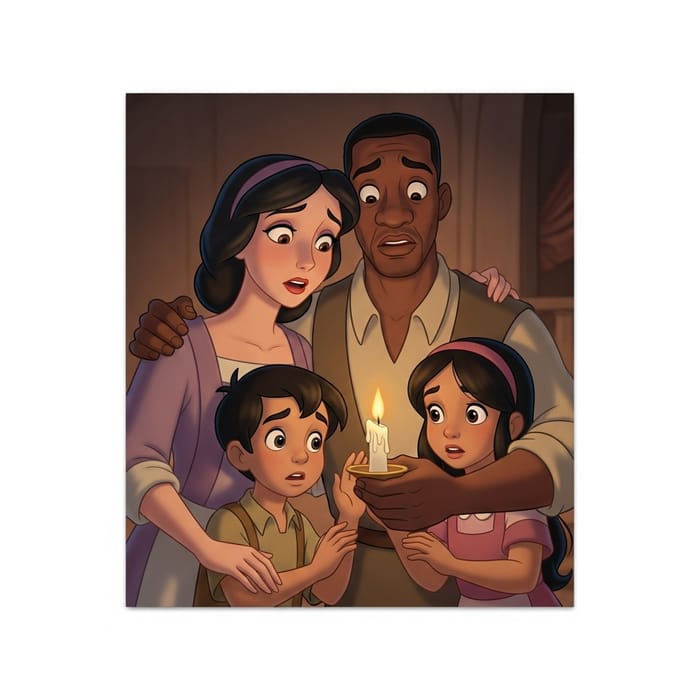 Worried Disney-Style Family Holding Candle | Urgent Familial Scene Worried Disney-Style Family Holding Candle | Urgent Familial Scene